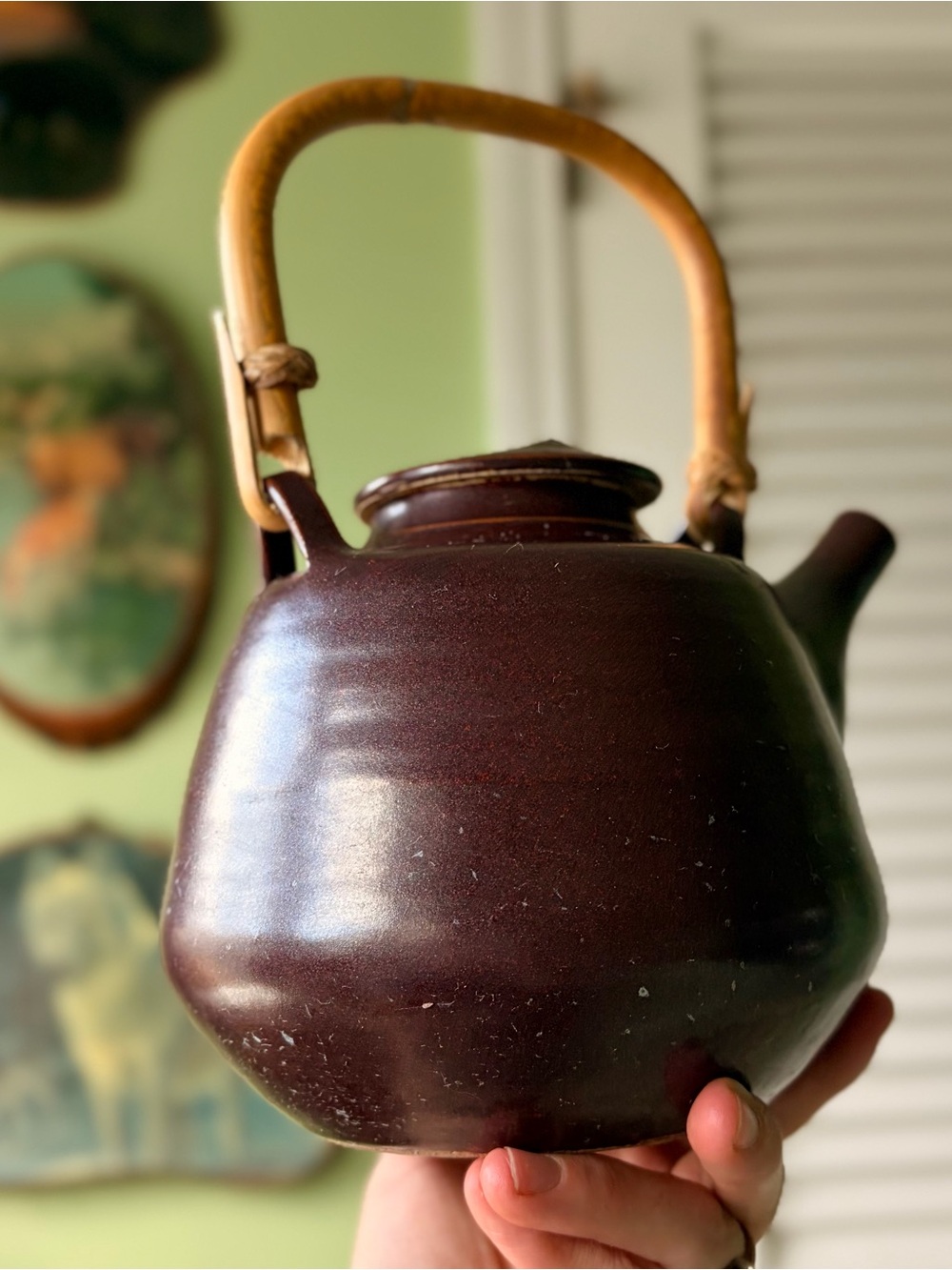 Vintage Pottery Ceramic Burgundy Oriental Teapot Kettle with Bamboo Handle - Picture 4 of 9